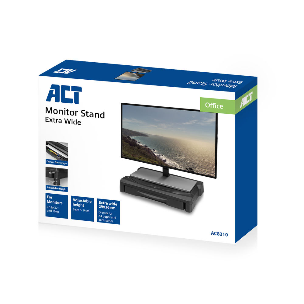 AC8210 Monitor standaard extra wide met lade, in hoogte verstelbaar